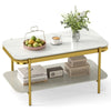Close-up view of the sintered stone top on a modern rectangular coffee table with a gold metal frame and open shelf.