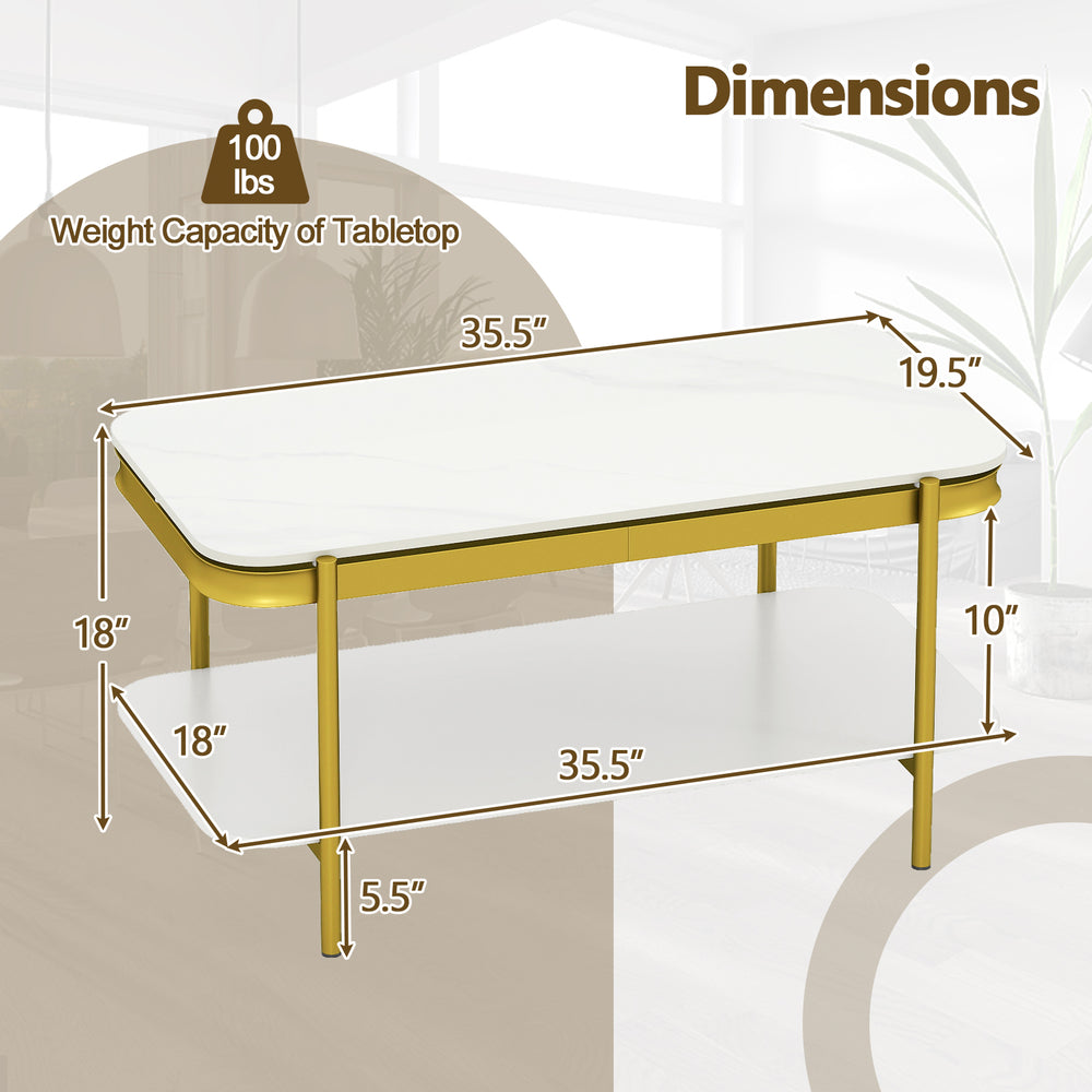 Dimensions of the 2-Tier Modern Rectangular Coffee Table with a white sintered stone top and robust metal frame.