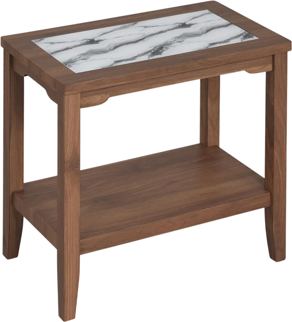 Walnut narrow side table shown at an angle with a marble-inspired tempered glass top and open storage shelf.