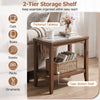 Walnut 2-tier narrow side table with tempered glass top and open bottom shelf beside a sofa.