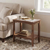 Walnut 2-tier narrow side table shown front-on, styling a marble-inspired tempered glass top and lower shelf beside a sofa.