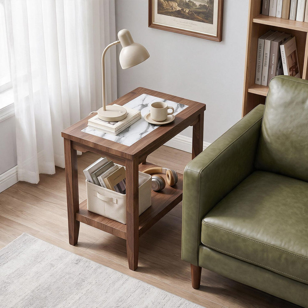 Walnut 2-tier narrow side table with tempered glass top and open storage shelf beside a sofa in a living room.