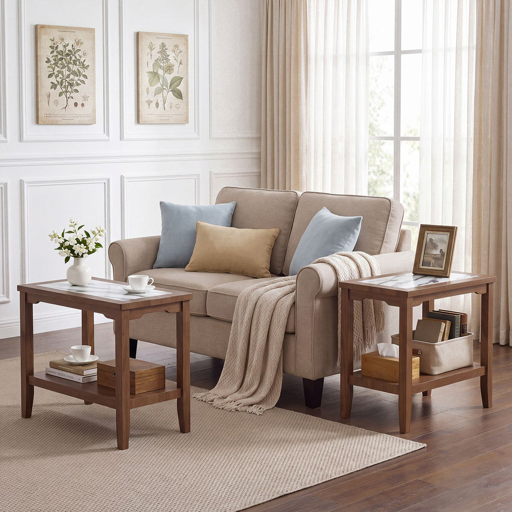 Walnut side tables with tempered glass tops and storage shelves flank a sofa in this living room scene.
