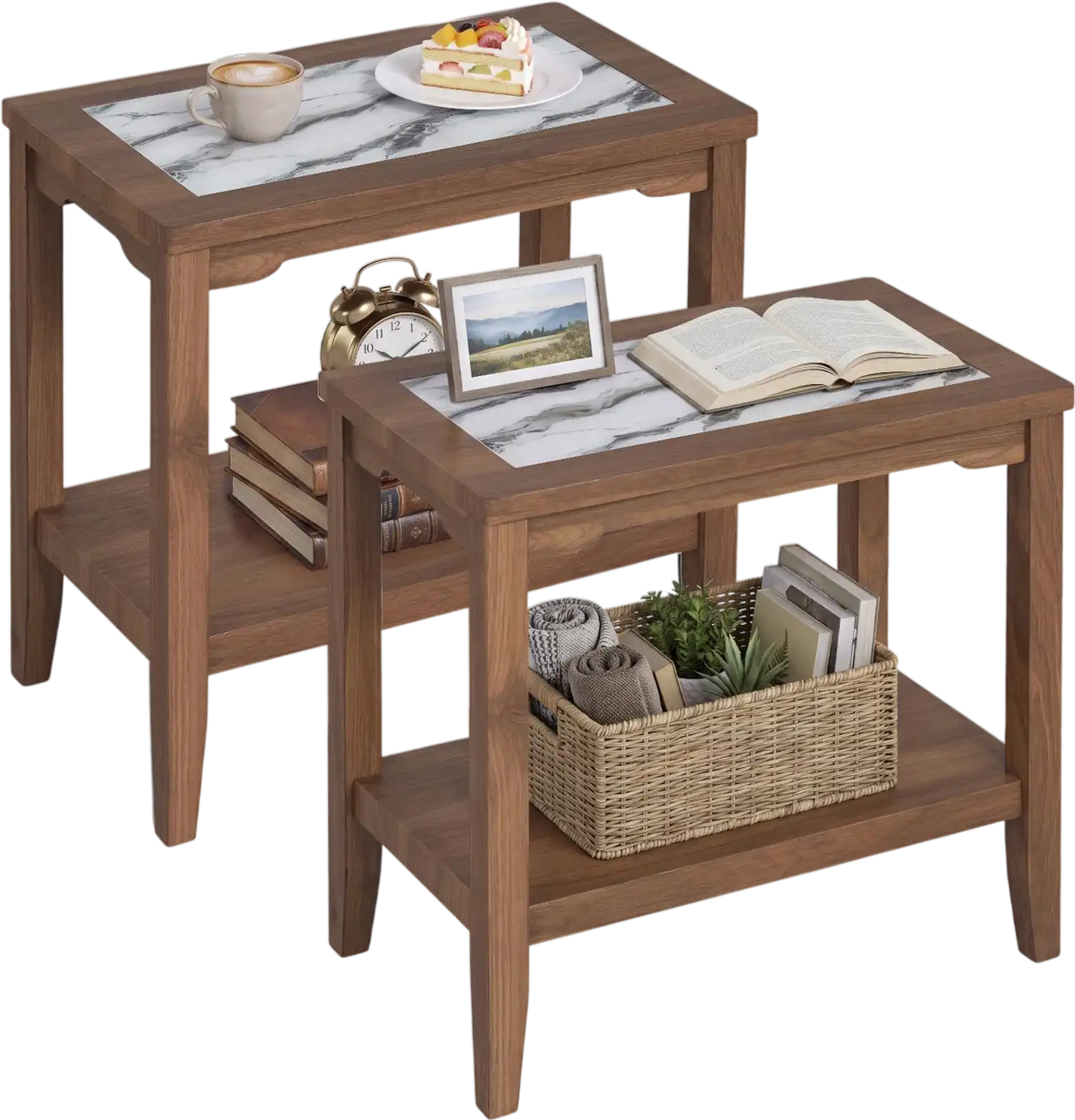 Costway 2-Tier Narrow Side Table Set of 2 Tempered Glass Top Storage Shelf 93931019 New