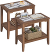 Walnut 2-Tier Narrow Side Table set of 2 with tempered glass top and open storage shelf, shown at an angle.
