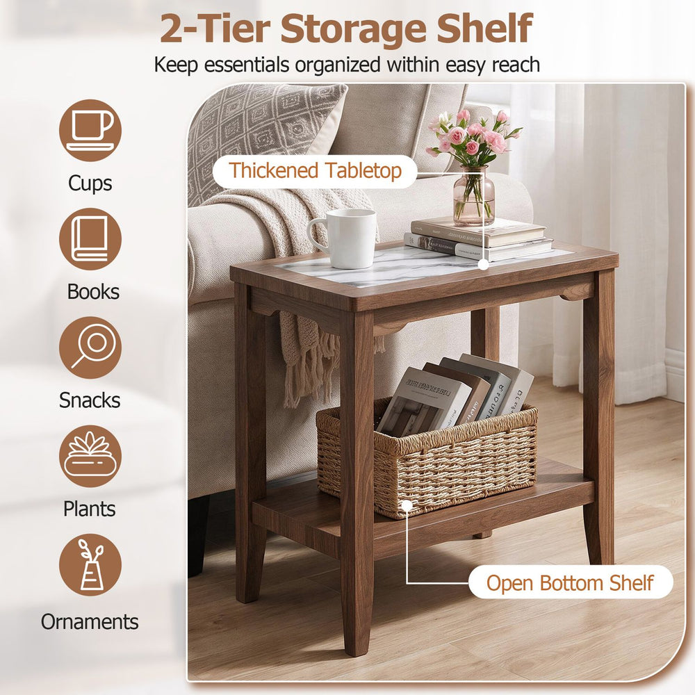 Walnut 2-tier narrow side table with tempered glass top and open bottom shelf beside a sofa in a living room.