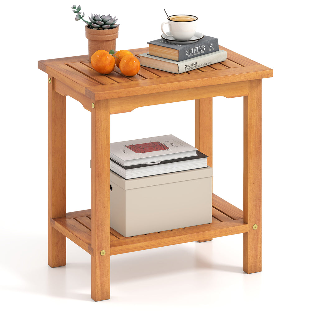 2-tier outdoor acacia wood side table with slatted tabletop, featuring a storage shelf for books and plants, perfect.