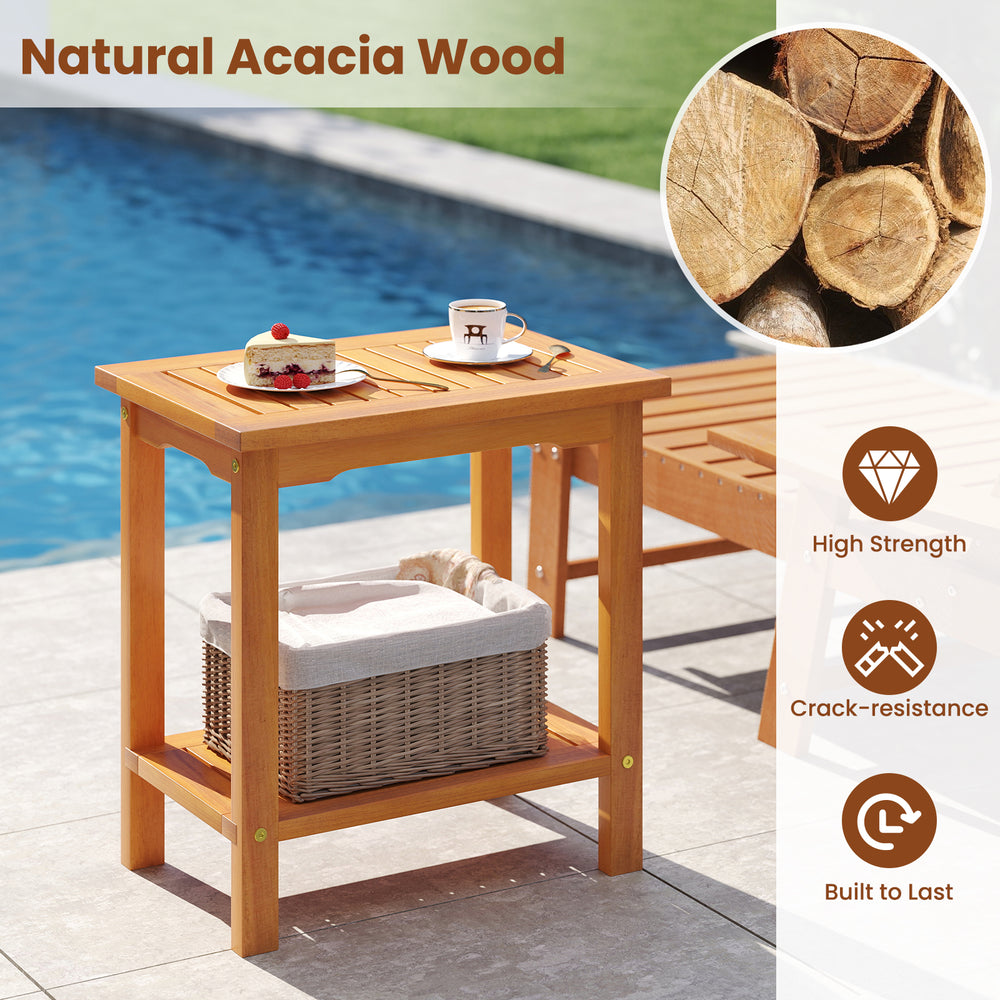 Natural acacia wood side table featuring a slatted design and sturdy support legs, perfect for charming outdoor spaces.