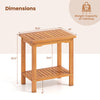 2-tier outdoor acacia wood side table with slatted tabletop, dimensions 19.5" x 14", ideal for patio or balcony use.