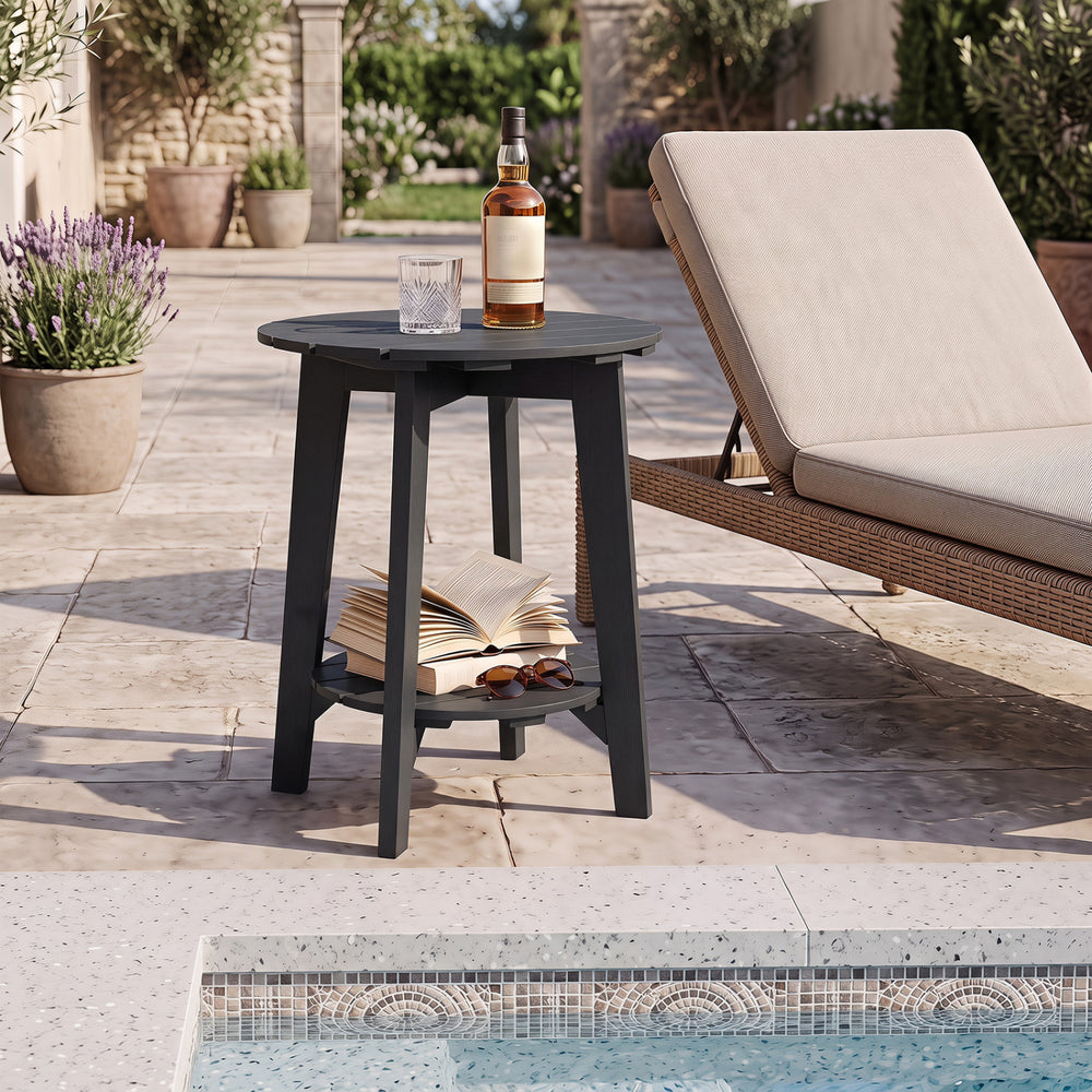 Black 2-tier outdoor eucalyptus wood side table with slatted tabletop and storage shelf, perfect for patio or poolside use.