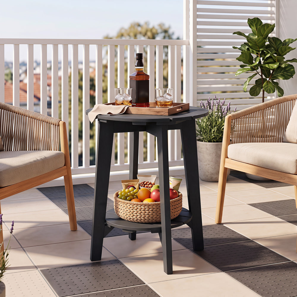 Eucalyptus wood side table in black features a slatted tabletop and storage shelf, perfect for outdoor patio use.