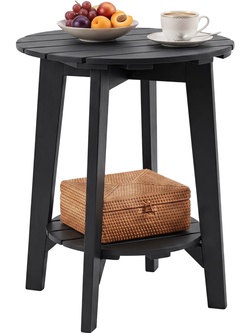 Black 2-tier outdoor eucalyptus wood side table features a slatted tabletop and storage shelf, perfect for backyard use.