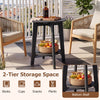 2-Tier outdoor eucalyptus wood side table in black with slatted tabletop and storage shelf for backyard organization.