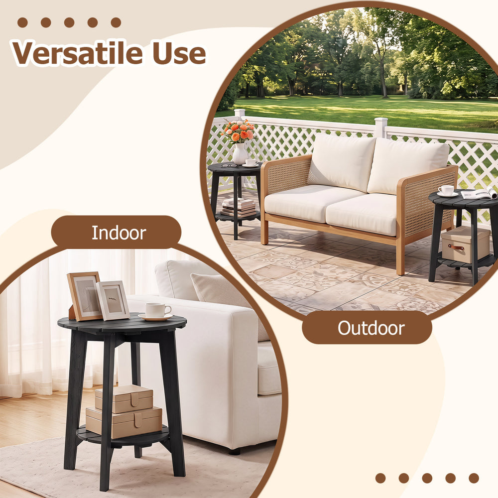 2-tier outdoor eucalyptus wood side table in black features a slatted tabletop and storage shelf for versatile use.