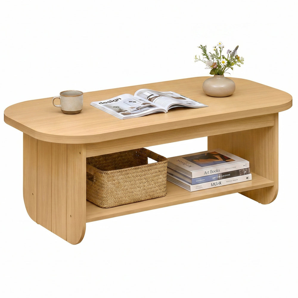 2-tier oval coffee table in natural wood with bottom storage shelf, perfect for living room organization and style.