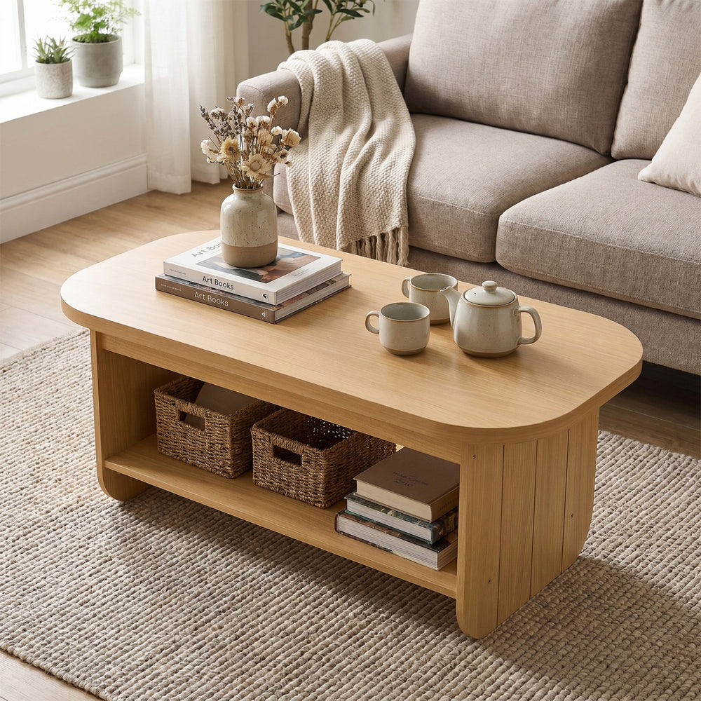 Natural 2-tier oval coffee table with bottom storage shelf, featuring rounded edges and minimalist design for living.