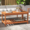2-tier patio coffee table made of solid wood with slatted tabletop and bottom shelf, ideal for indoor and outdoor use.