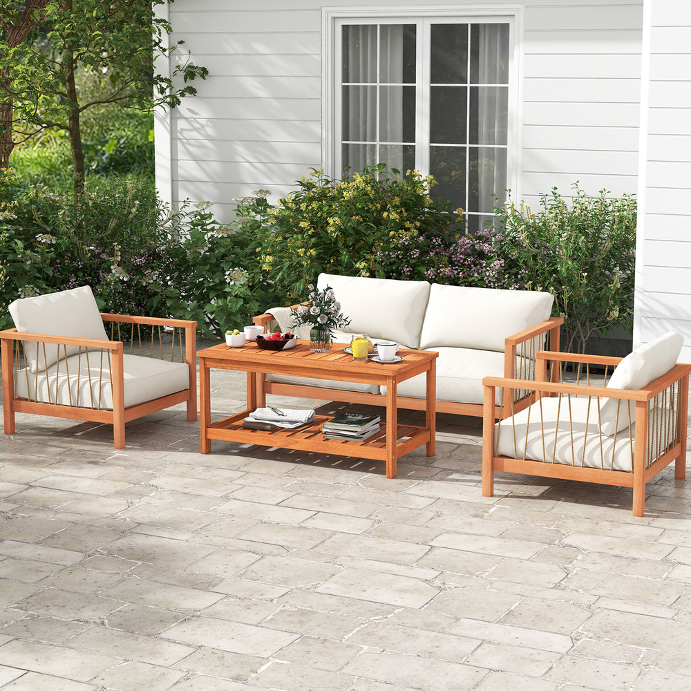 Spacious 2-tier patio coffee table with elegant natural wood finish and slatted design, perfect for outdoor gatherings.