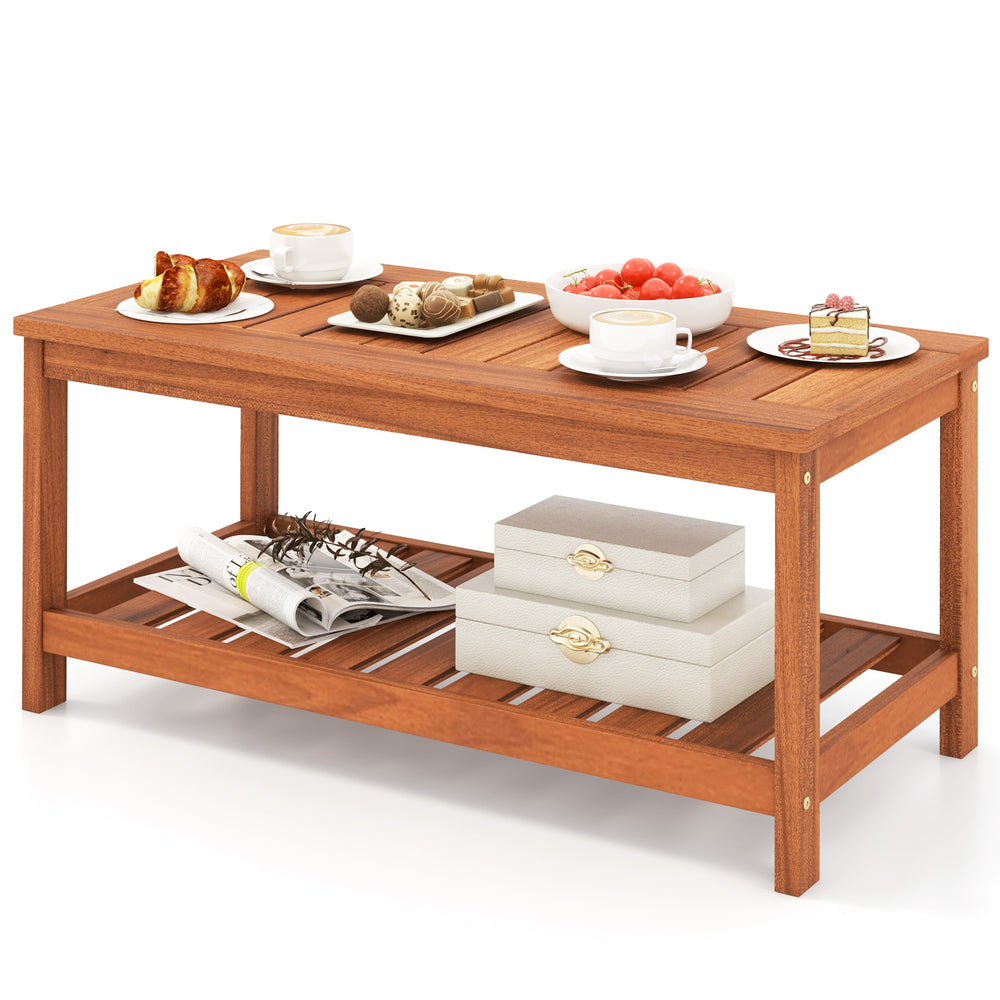 2-tier patio coffee table in solid wood with slatted tabletop and shelf, perfect for indoor or outdoor use.