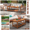 2-tier patio coffee table featuring a natural wood finish and bottom shelf, ideal for stylish indoor and outdoor.