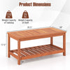 2-tier patio coffee table with slatted tabletop, solid wood construction, and bottom shelf for extra storage.