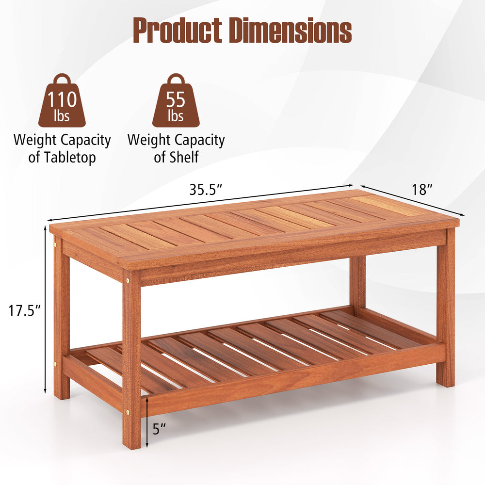 2-tier patio coffee table with slatted tabletop, solid wood construction, and bottom shelf for extra storage.