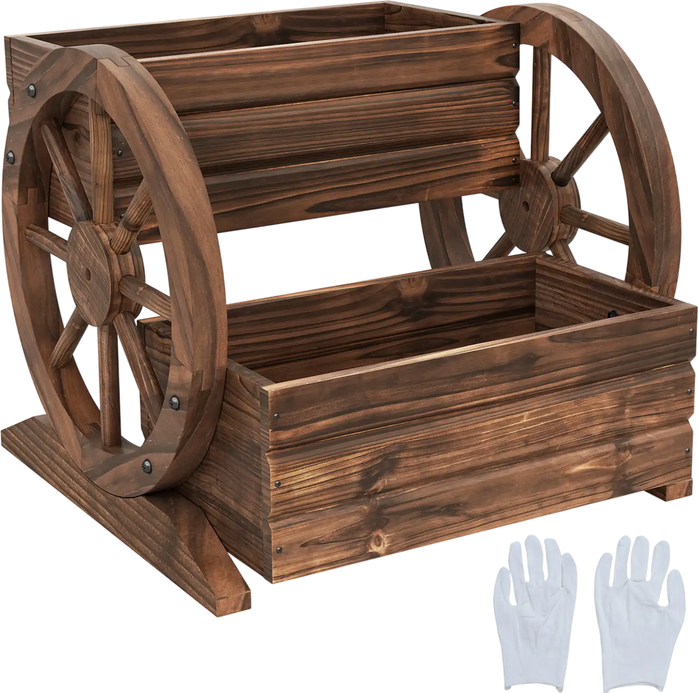 Rustic 2-tier raised garden bed in wagon shape, crafted from fir wood, ideal for flowers and potted plants.