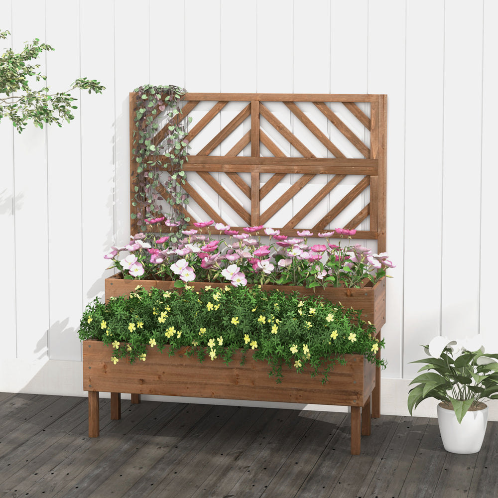 2-tier raised garden bed in brown with trellis, crafted from fir wood, ideal for climbing plants and outdoor use.