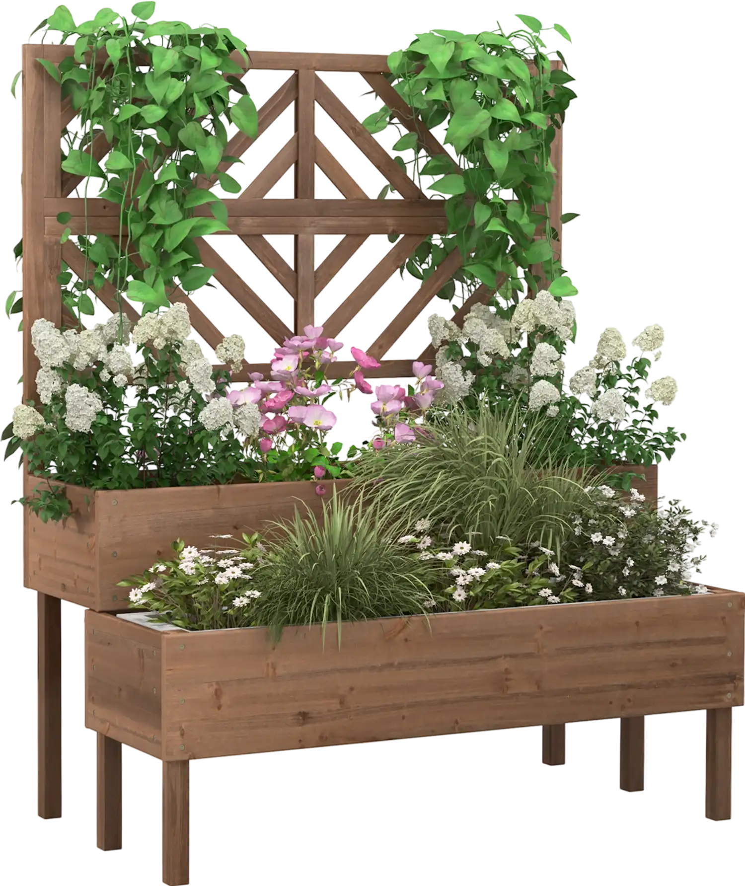 Costway 2-Tier Raised Garden Bed Wooden Elevated Planter Box with Trellis Legs 84612579 New