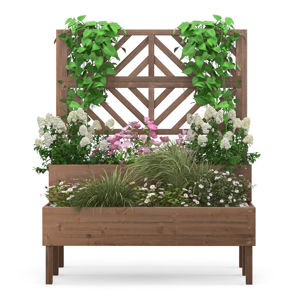 2-tier raised garden bed with trellis in brown, featuring climbing plants and natural fir wood for outdoor use.