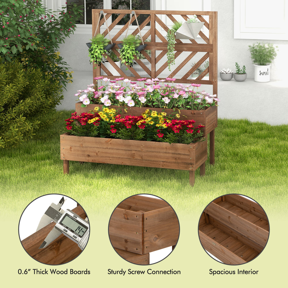2-tier raised garden bed in brown with trellis, crafted from sturdy fir wood, perfect for growing climbing plants.