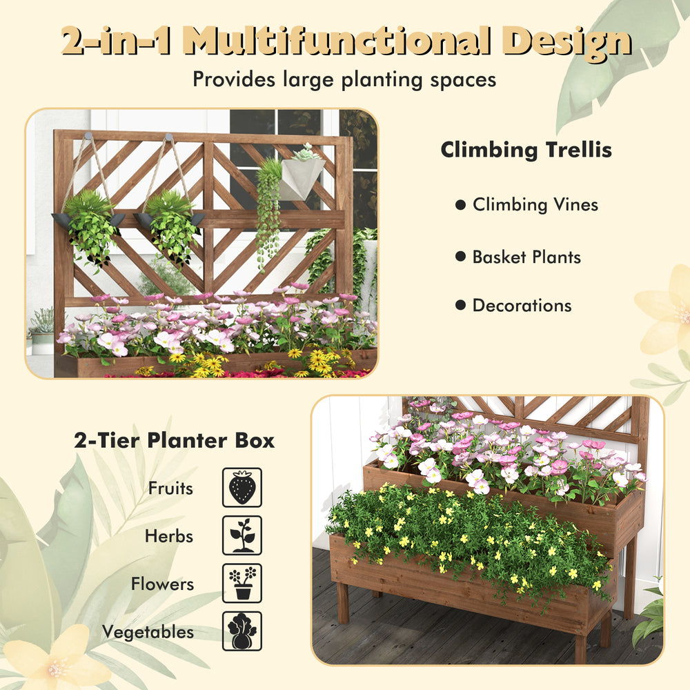 2-Tier raised garden bed with trellis in brown, crafted from fir wood, ideal for climbing plants and outdoor use.