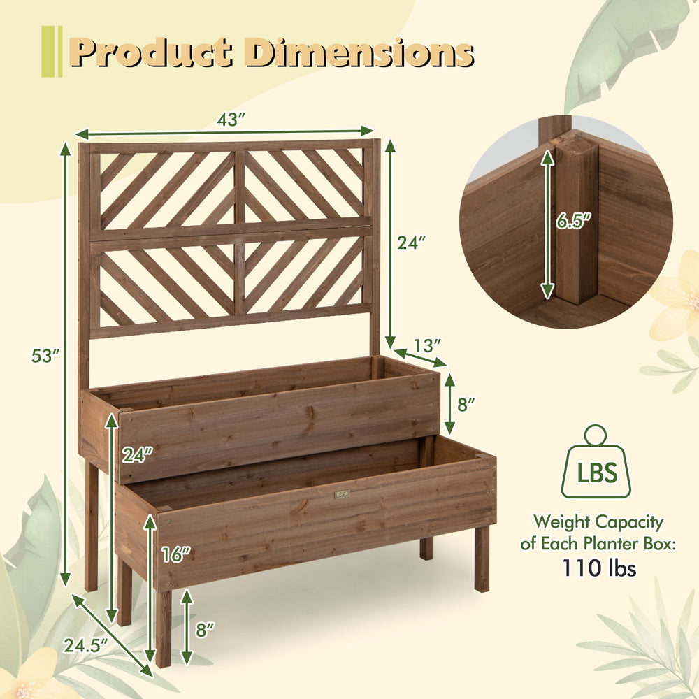 Dimensions of the 2-tier raised garden bed with trellis in brown, showcasing its spacious planters and sturdy design.