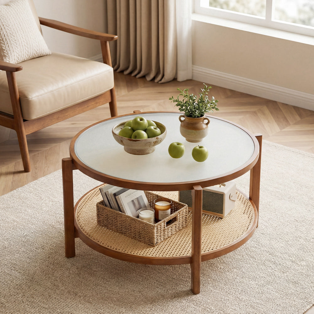 2-tier rattan coffee table with frosted tempered glass top and walnut wood legs, perfect for modern living rooms.