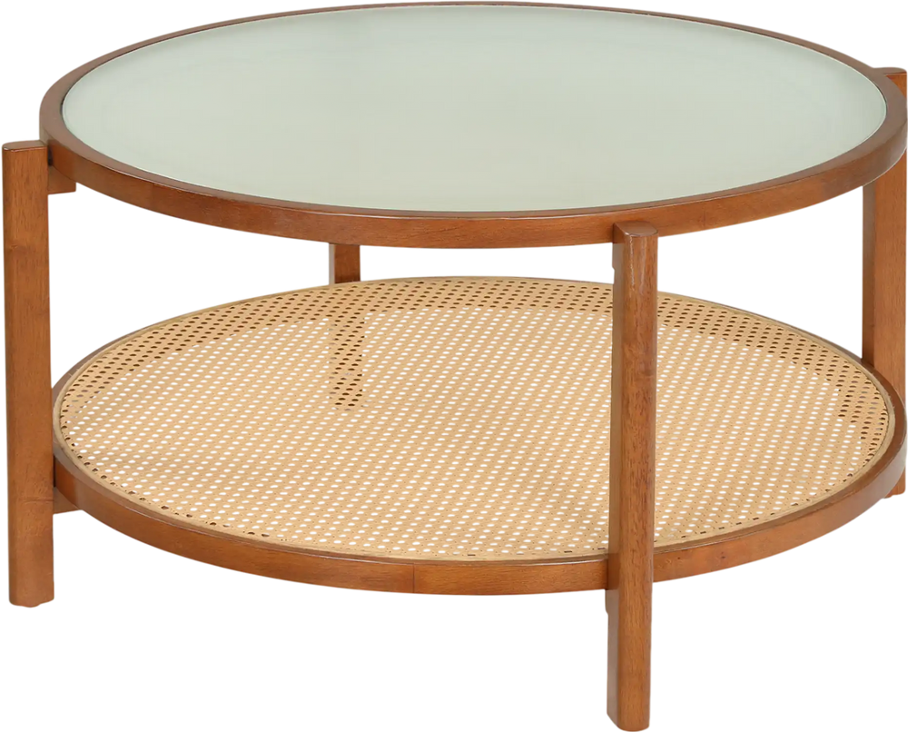 Round 2-tier rattan coffee table with frosted tempered glass top and walnut wood legs for stylish living room decor.