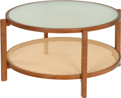 Costway 2-Tier Rattan Coffee Table Frosted Tempered Glass Wood Legs 89627428 New