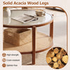 2-tier rattan coffee table with frosted tempered glass top and solid acacia wood legs, perfect for living room decor.