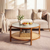 2-tier rattan coffee table with frosted tempered glass top and walnut wood legs, perfect for living room decor.