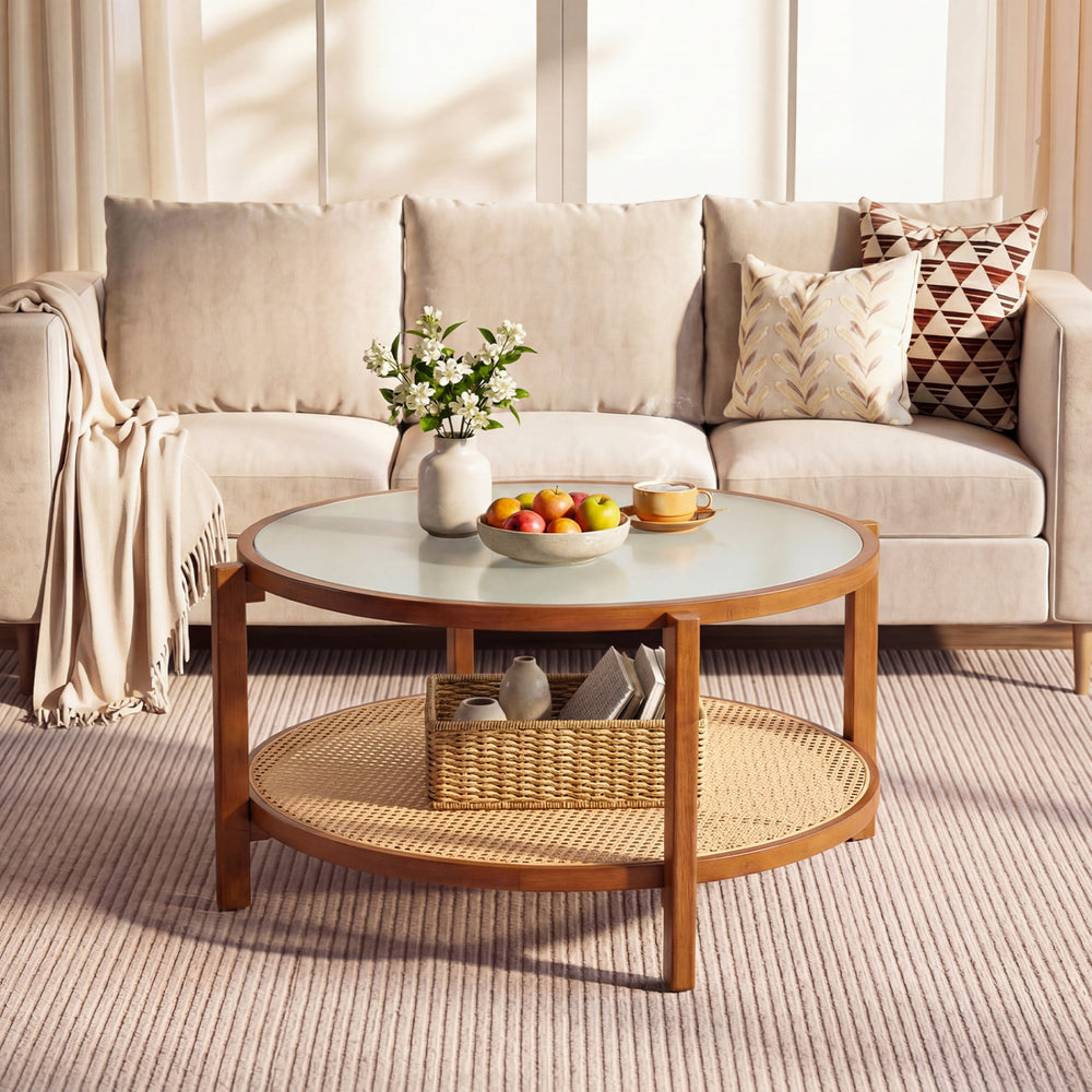 2-tier rattan coffee table with frosted tempered glass top and walnut wood legs, perfect for living room decor.