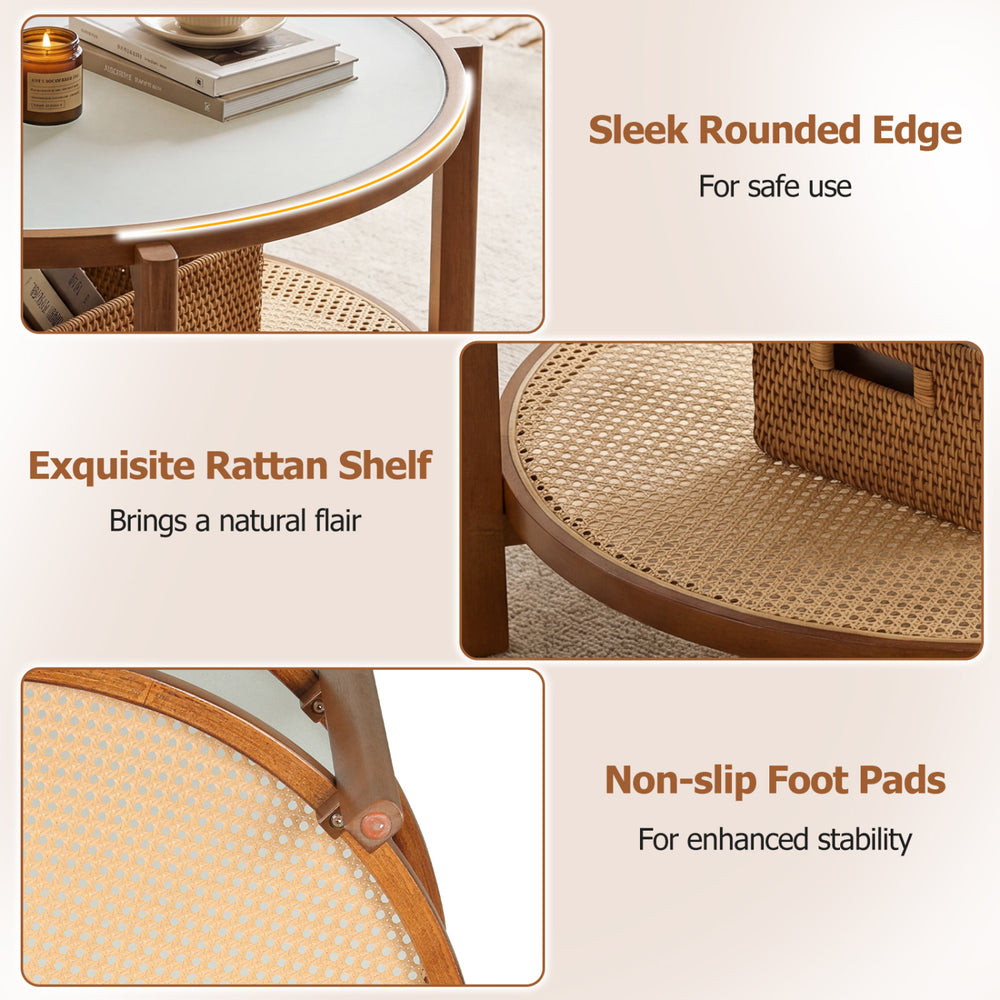 2-tier rattan coffee table with frosted tempered glass top, walnut wood legs, featuring a rounded edge and non-slip.