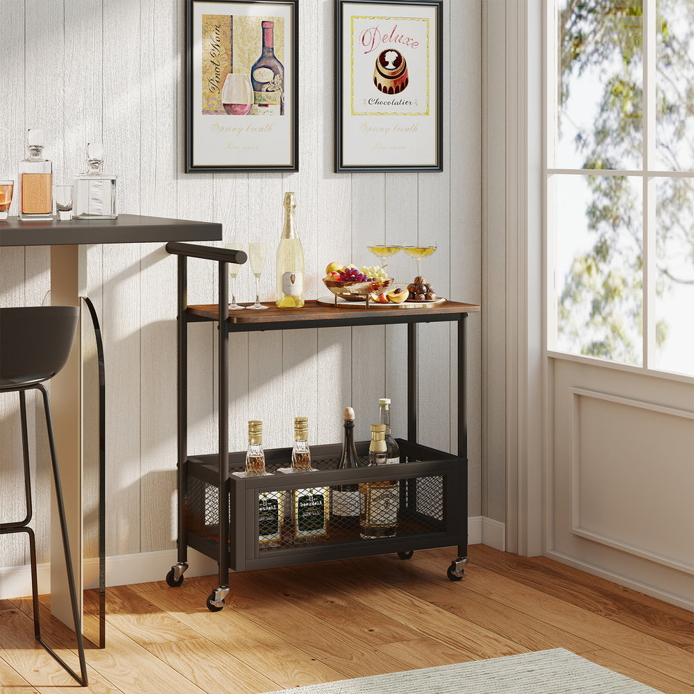 2-tier rolling end table in rustic brown with mesh basket, sturdy frame, and wheels for easy movement and stability.
