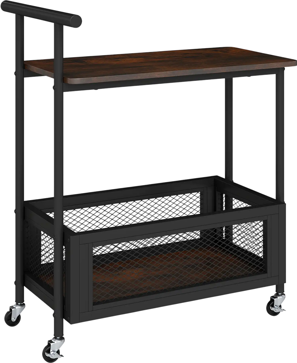2-tier rolling end table in rustic brown with handle, mesh basket, and sturdy frame for versatile storage and easy.