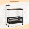 2-tier rolling end table in rustic brown with handle, mesh basket, and dimensions for versatile storage and mobility.
