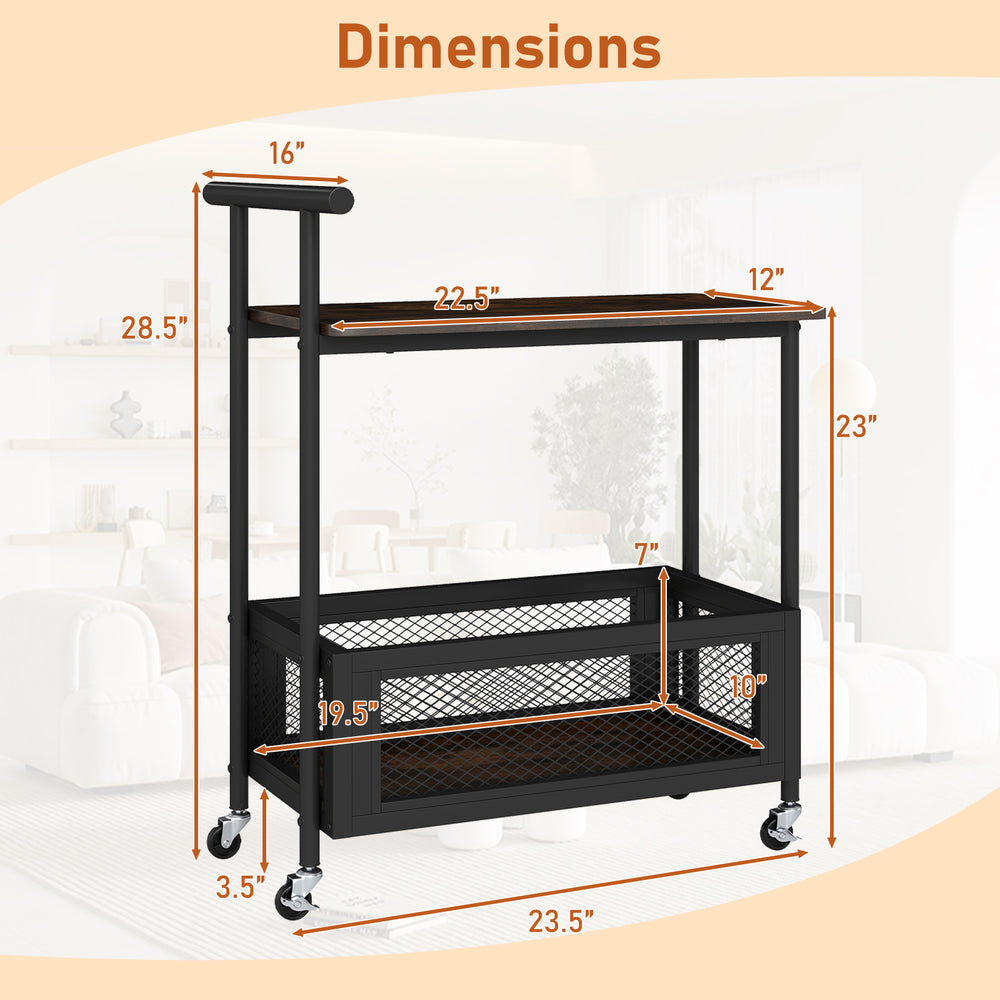 2-tier rolling end table in rustic brown with handle, mesh basket, and dimensions for versatile storage and mobility.