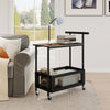 2-tier rolling end table with rustic brown wood top, black metal frame, and mesh basket for versatile storage solutions.