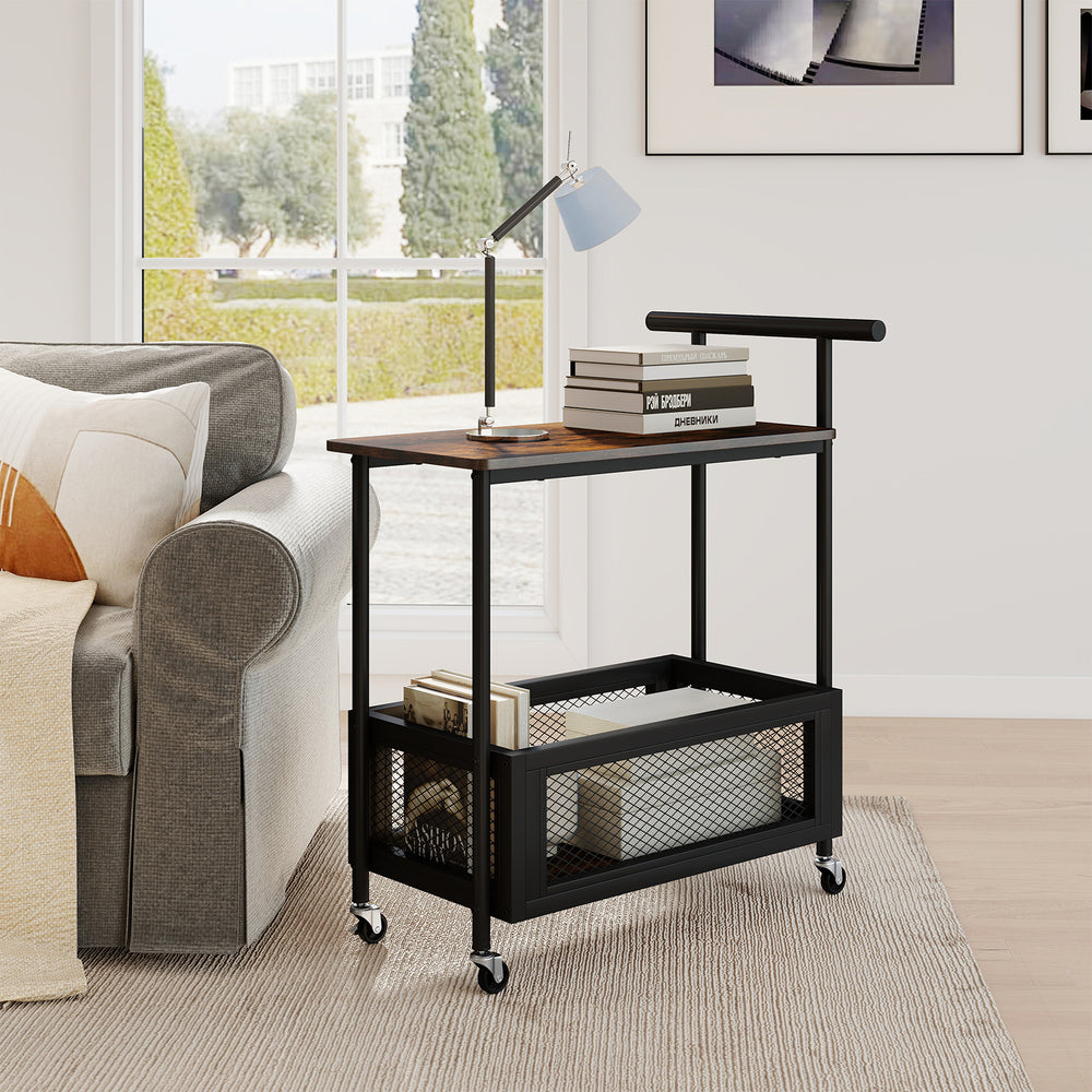 2-tier rolling end table with rustic brown wood top, black metal frame, and mesh basket for versatile storage solutions.