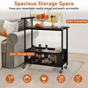 2-tier rolling end table in rustic brown with handle, mesh basket, and spacious shelves for versatile storage solutions.