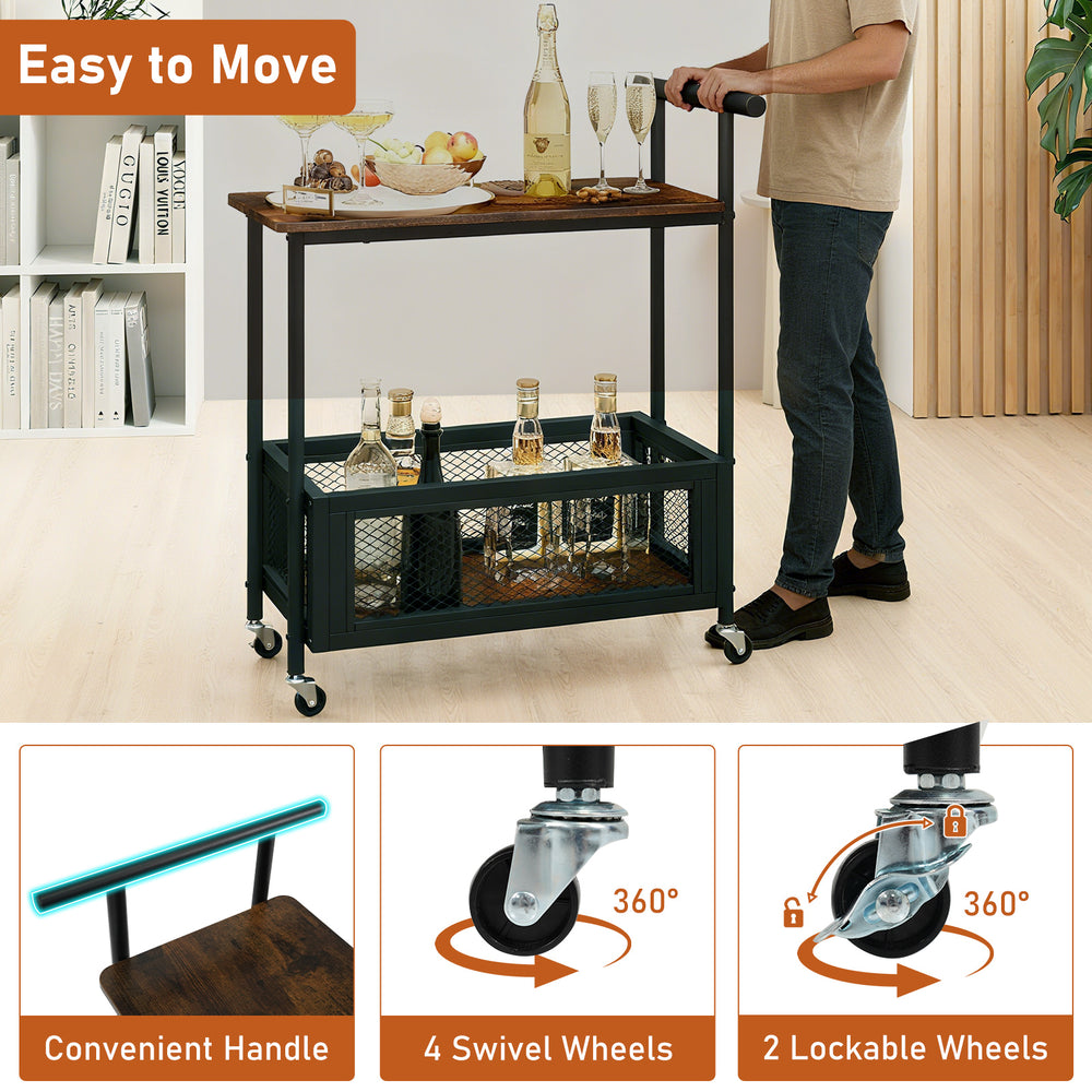2-tier rolling end table with rustic brown finish, featuring a convenient handle and mesh basket for versatile storage.
