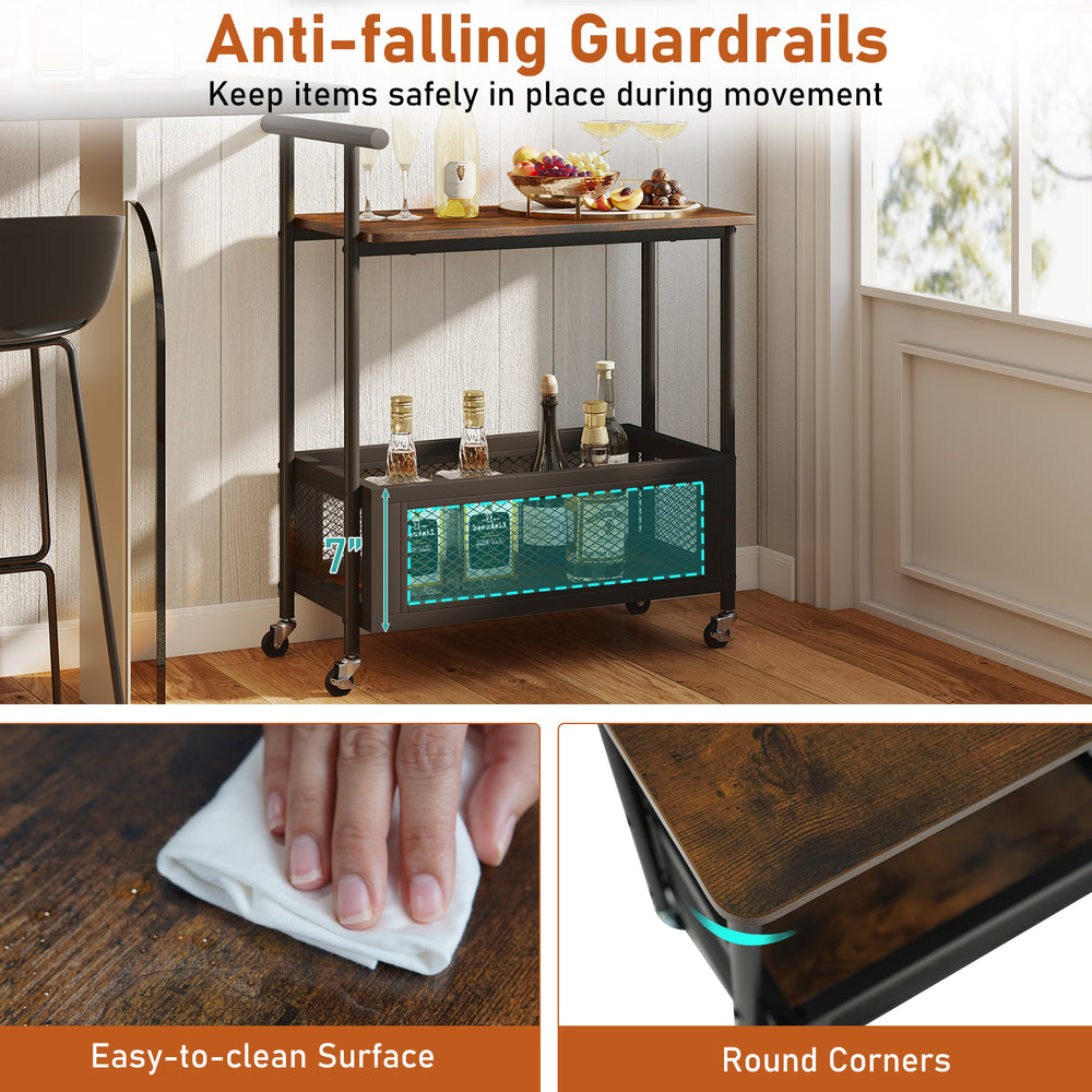 2-tier rolling end table in rustic brown with guardrails and mesh basket, ideal for storage and easy movement.