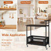 2-tier rolling end table in rustic brown with handle and mesh basket, ideal for storage in kitchen or living room.